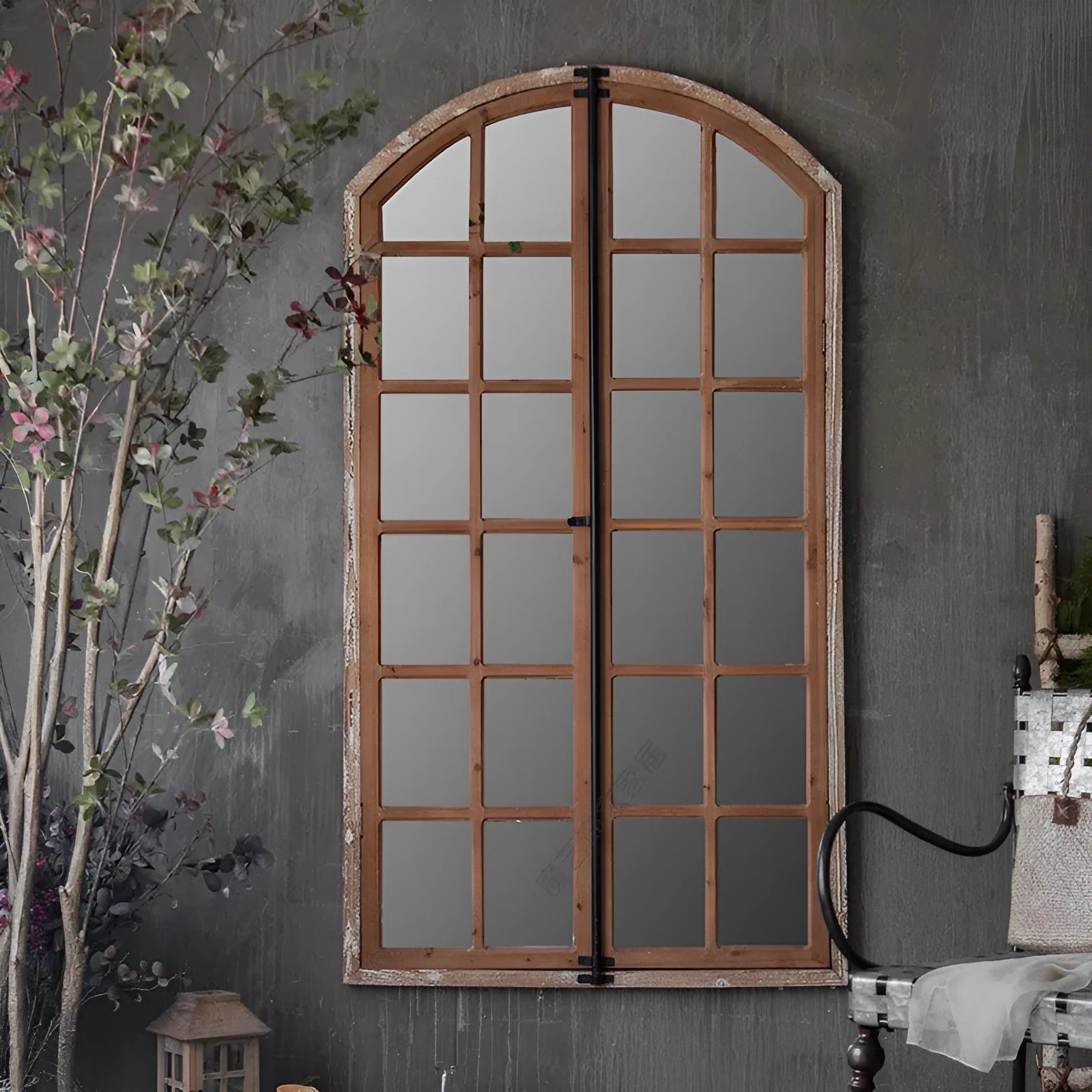Distressed log colour wooden frame wall mirror with fake window design for terrace decoration