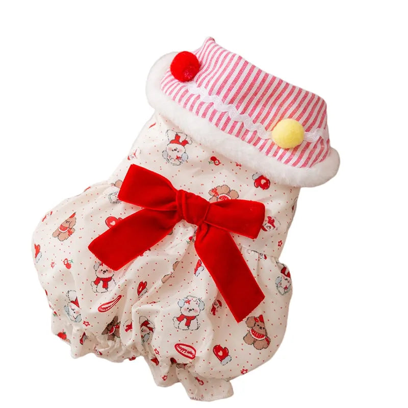Autumn winter pet clothes for small dogs and cats, warm skirt with built-in D-ring belt in blue and red.