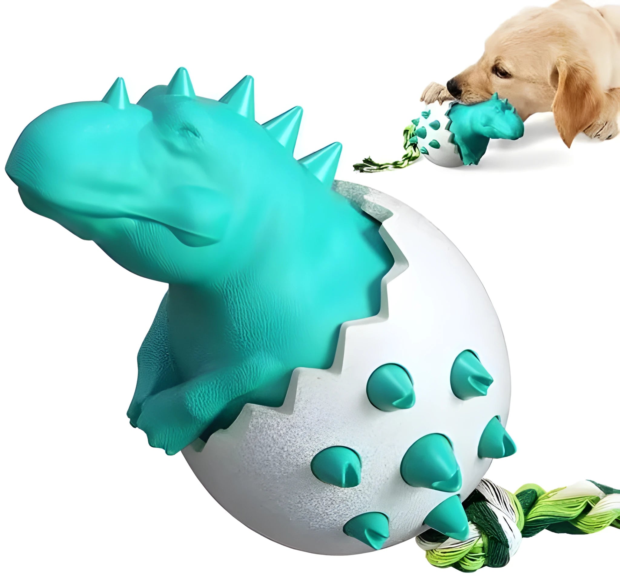 Blue dinosaur-shaped dog chew toy with rubber body and nylon rope tail.