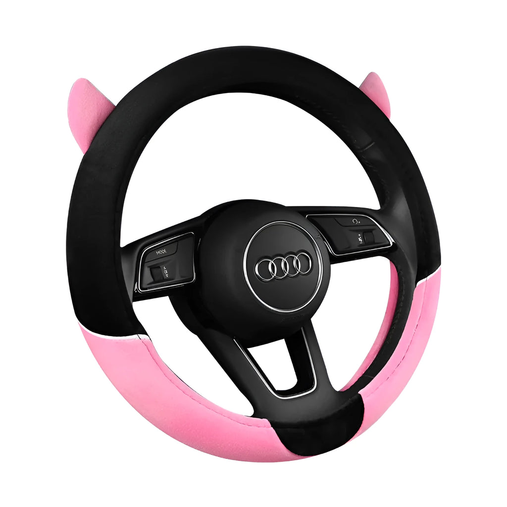 Plush cartoon gloves style car steering wheel cover in black gray colour on car interior