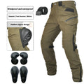 Men's green waterproof motorcycle trousers with belt and protective knee pads laid flat.