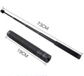 Black retractable aluminium selfie stick with phone clamp attached, shown extended and with a tripod mounted on its base.