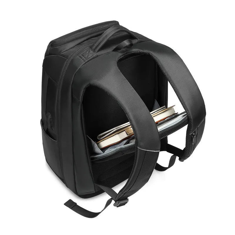 Black multifunctional nylon backpack with polyester lining for business, travel, school, and leisure use