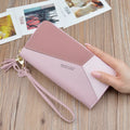 Women's long zipper tassel clutch bag with stitching detail in Black, Blue or Pink, horizontal square shape.