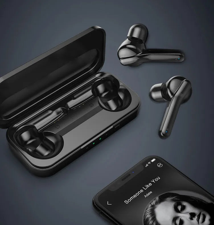 Black and white true wireless stereo earbuds with charging case, featuring Bluetooth 5.0 and IPX5 waterproof rating.