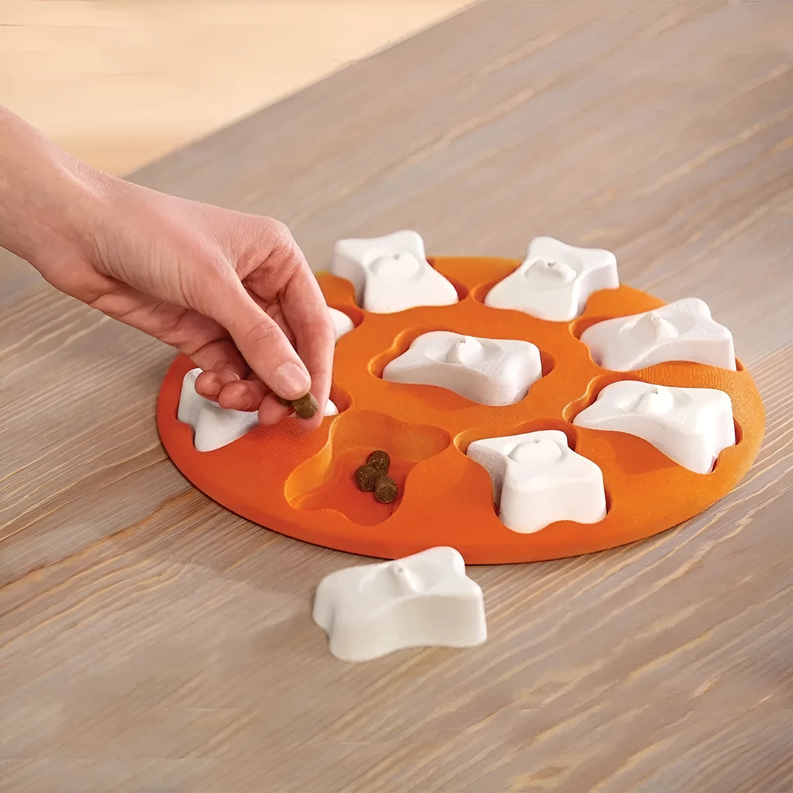 Orange and white plastic leak food toy for dogs and cats, puzzle feeder on surface