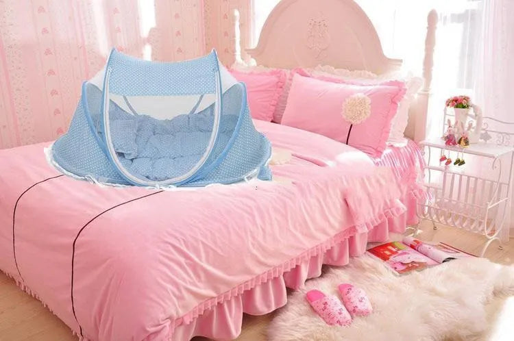 Foldable baby bed net 110x65x60cm with mattress and pillow, mesh cloth and steel wire frame, blue or pink