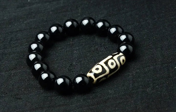 Natural black agate nine eye beads bracelet ethnic style unisex black colour 10mm 12mm 14mm