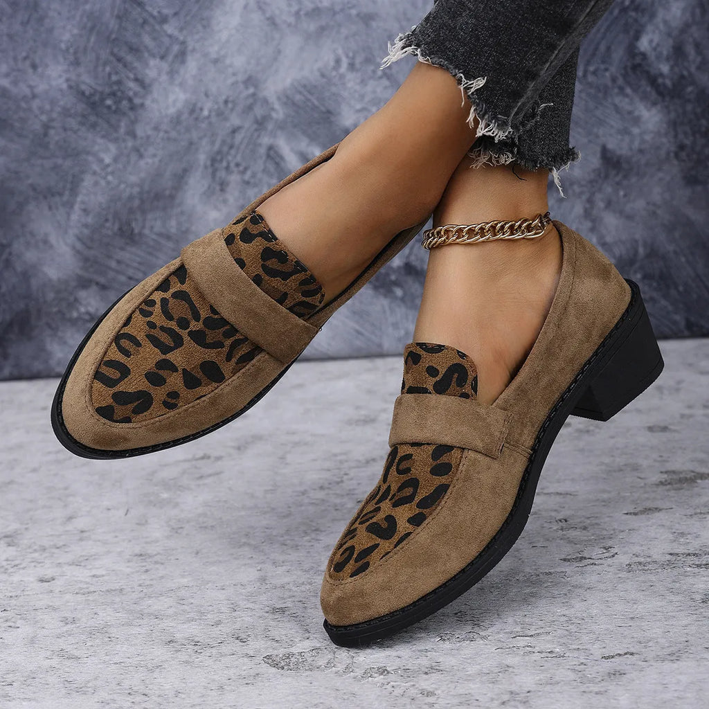 Leopard print slip-on casual shoes with suede upper and chunky mid heel in pink colour