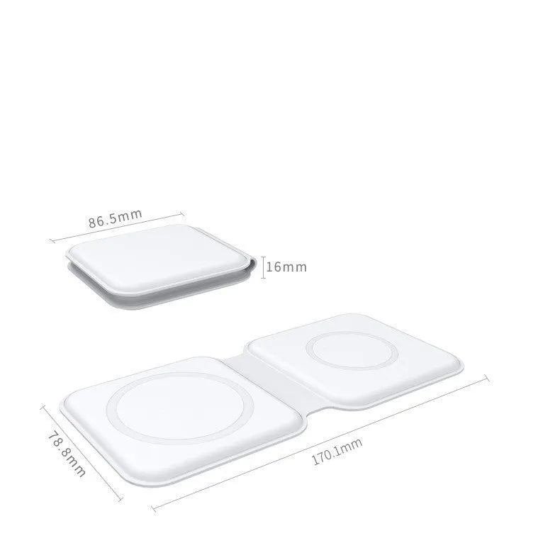 White folding magnetic wireless charging dock in stand mode with phone and earbuds case charging
