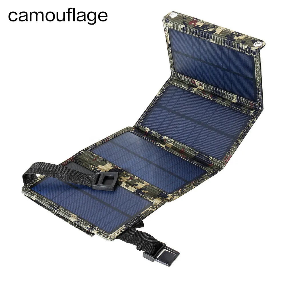 20W solar folding bag in camouflage pattern, folded and expanded, with USB output port, for outdoor charging