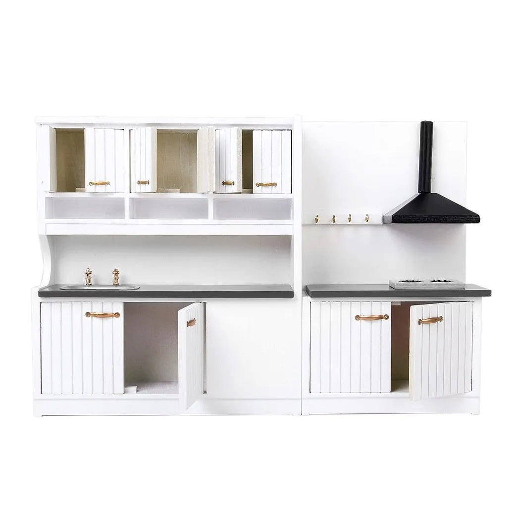 White birch dollhouse kitchen set with sink and stove cabinets, featuring working doors.