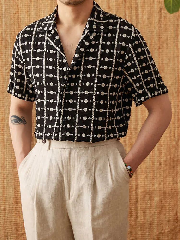 Black 100% cotton men's short sleeve Cuban collar shirt with single-breasted placket and embroidered printed detailing