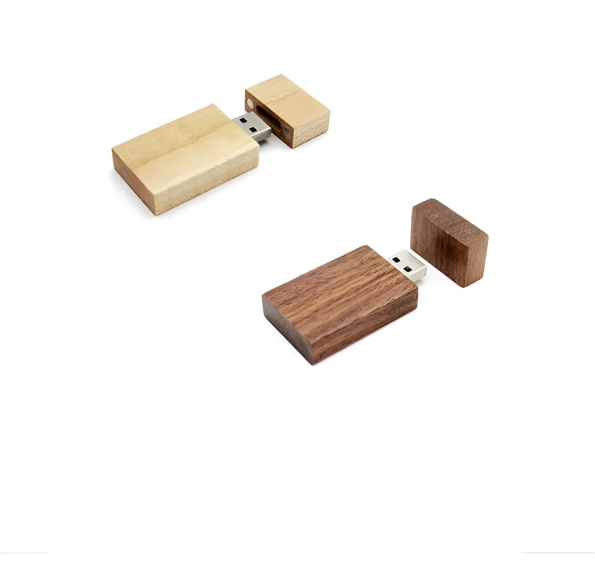 Wooden USB flash drive 32GB in Coffee or Khaki with large square wooden box, USB 3.0 package option shown