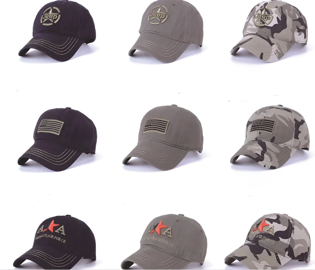 Unisex cotton camo baseball cap with adjustable strap and wide peaked brim in military style