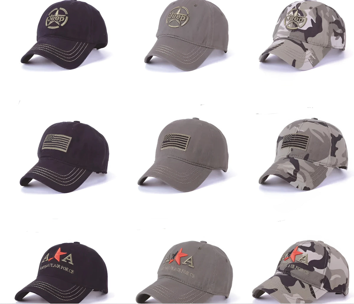 Unisex cotton camo baseball cap with adjustable strap and wide peaked brim in military style
