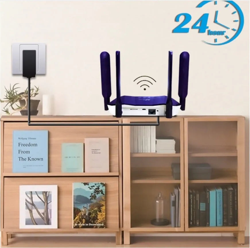Blue 4G and wired dual-mode internet router with four external antennas.