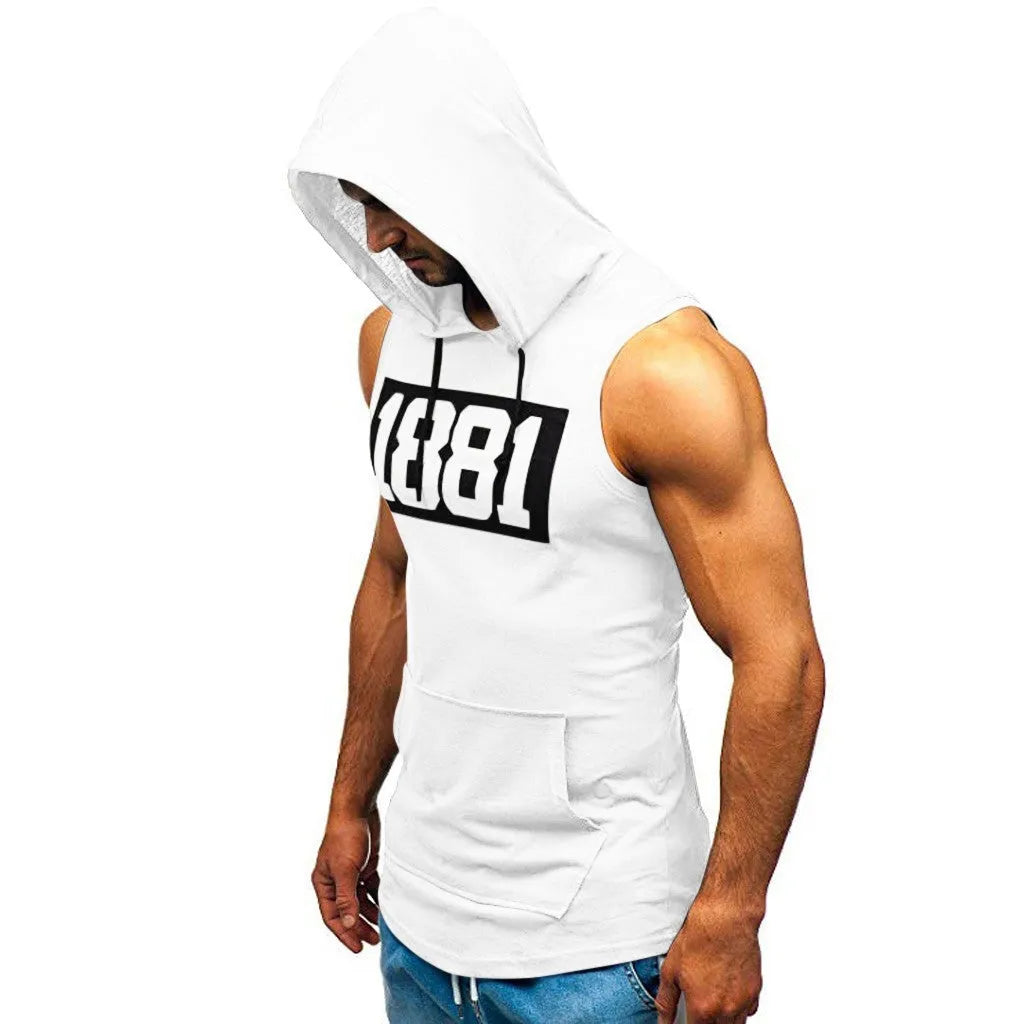 Men's sleeveless letter print hoodie vest in white, black or army green, with patch pocket and round hem.