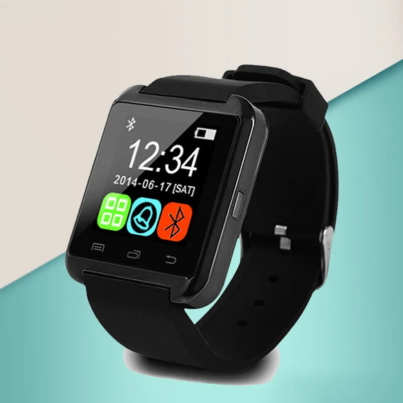 U8 Smart Bluetooth Watch in black, red, or white showing a call screen on its display.