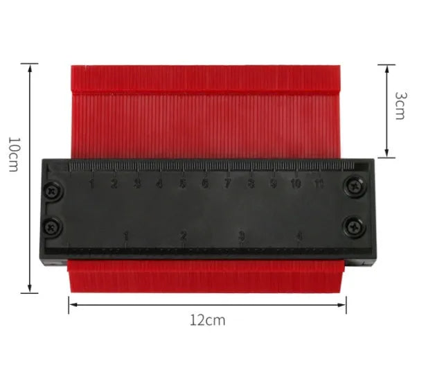 5 and 10 inch orange plastic contour gauge with teeth for copying shapes, on a tile surface