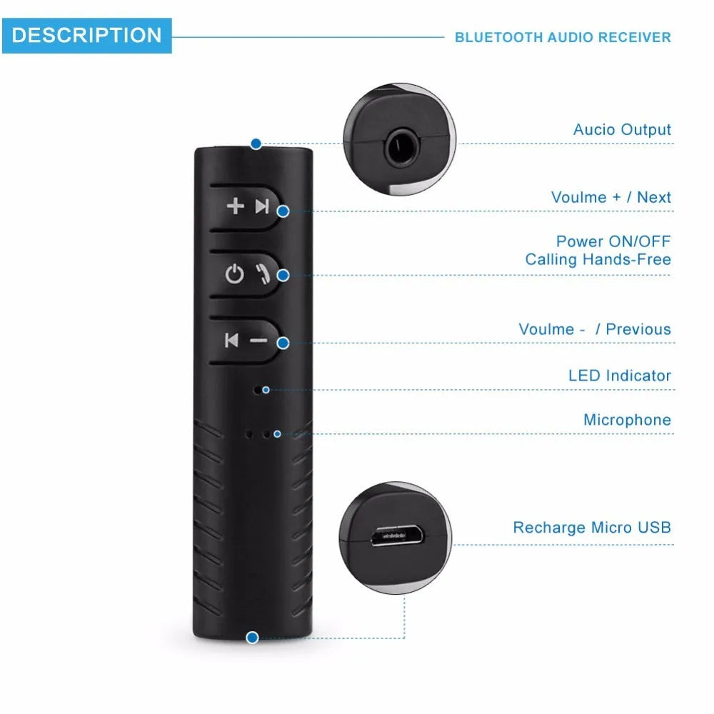 Black plastic Bluetooth car audio adapter with 3.5mm jack for wireless music streaming to car stereo