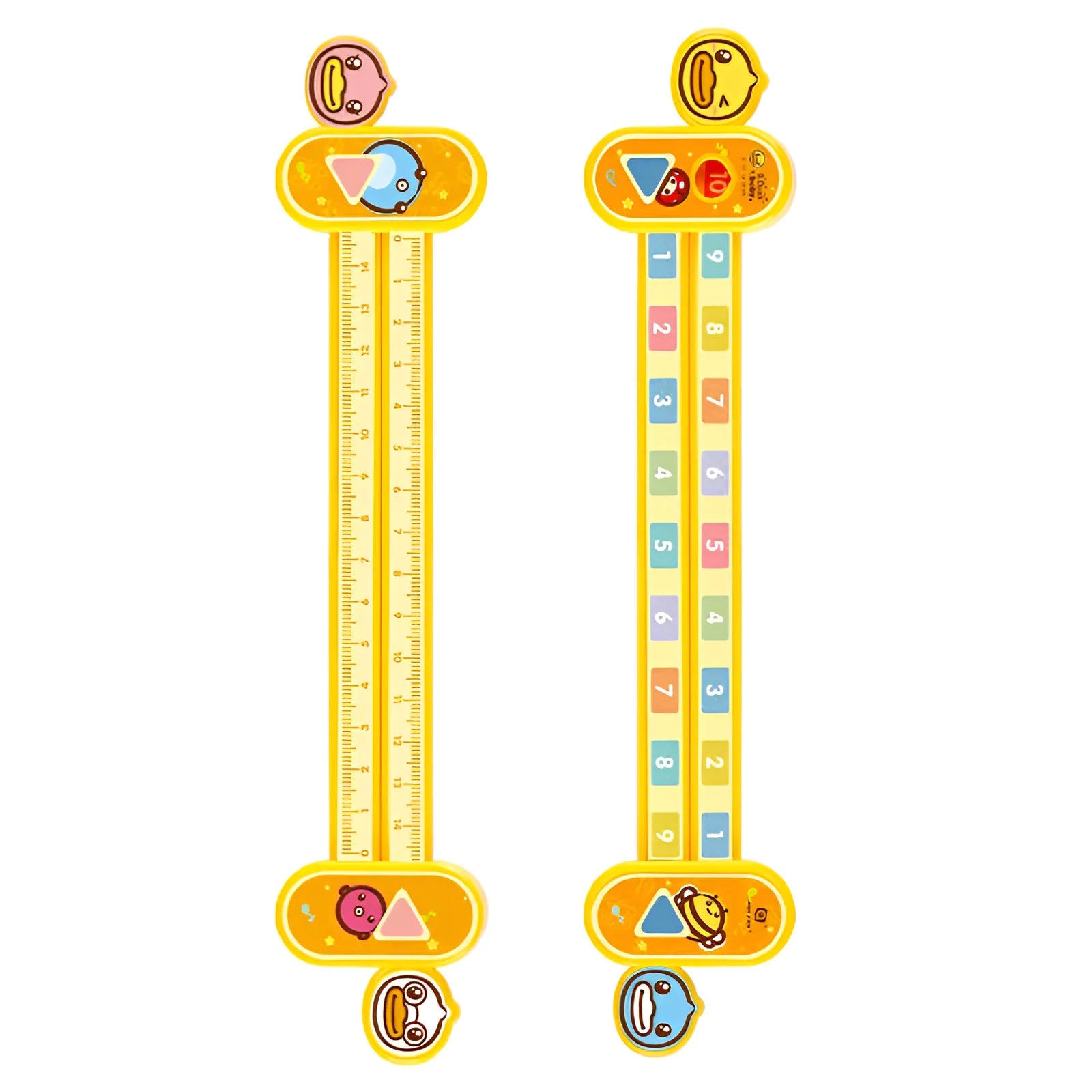 Yellow plastic cartoon digital decomposition ruler for children's maths learning, 24.5 cm long.