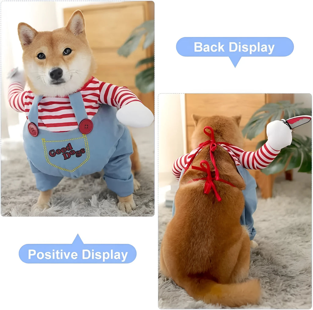 Striped Halloween harness pants costume with toy knife for dogs and cats in four size options