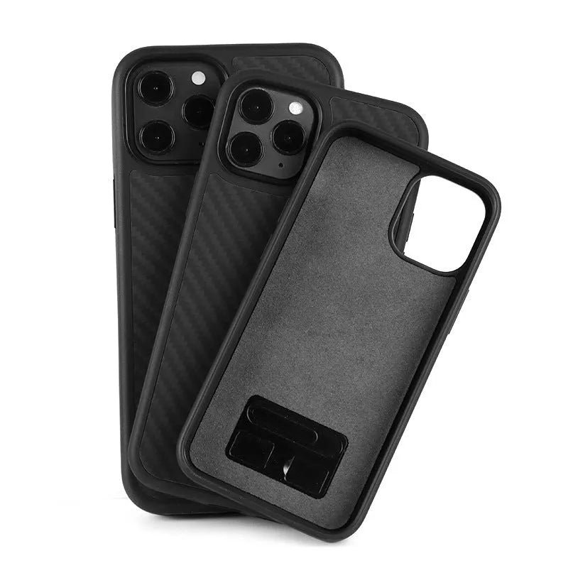 Black wooden phone case for iPhone with TPU and Kethlar construction showing back cover design
