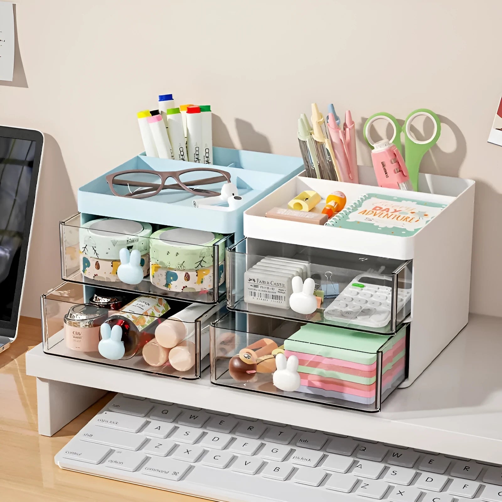 Transparent partitioned desktop storage box with grid inserts in cherry blossom pink colour