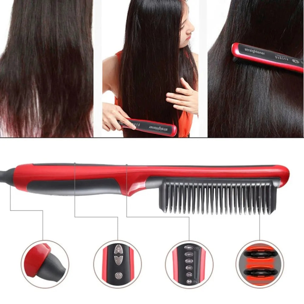 Black and red ceramic hair straightening brush with heated teeth and LED display on white background
