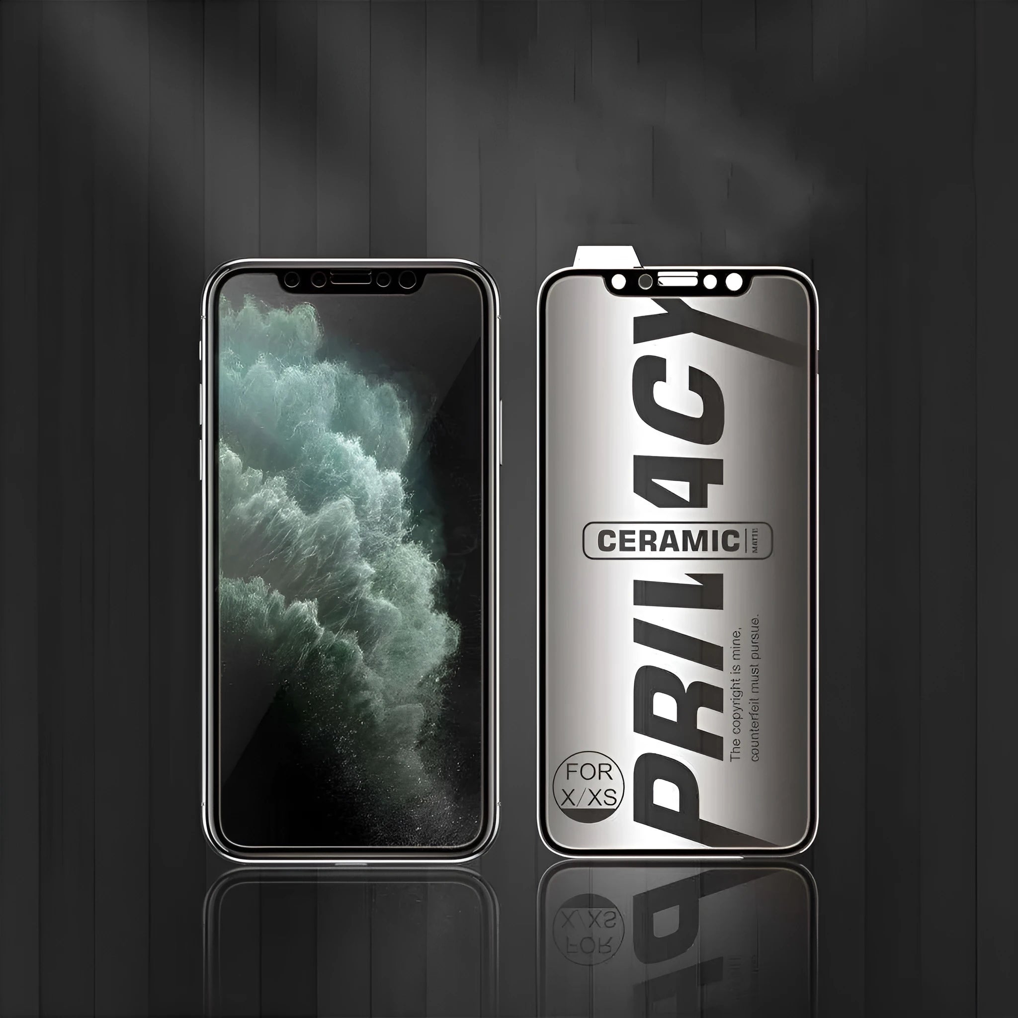 Black ceramic matte anti-peep screen protector film for iPhone, showing 30-degree privacy angle diagram.