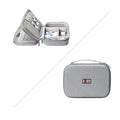 Black and grey EVA digital storage bag with hand bag shape for organising headphones and cables.