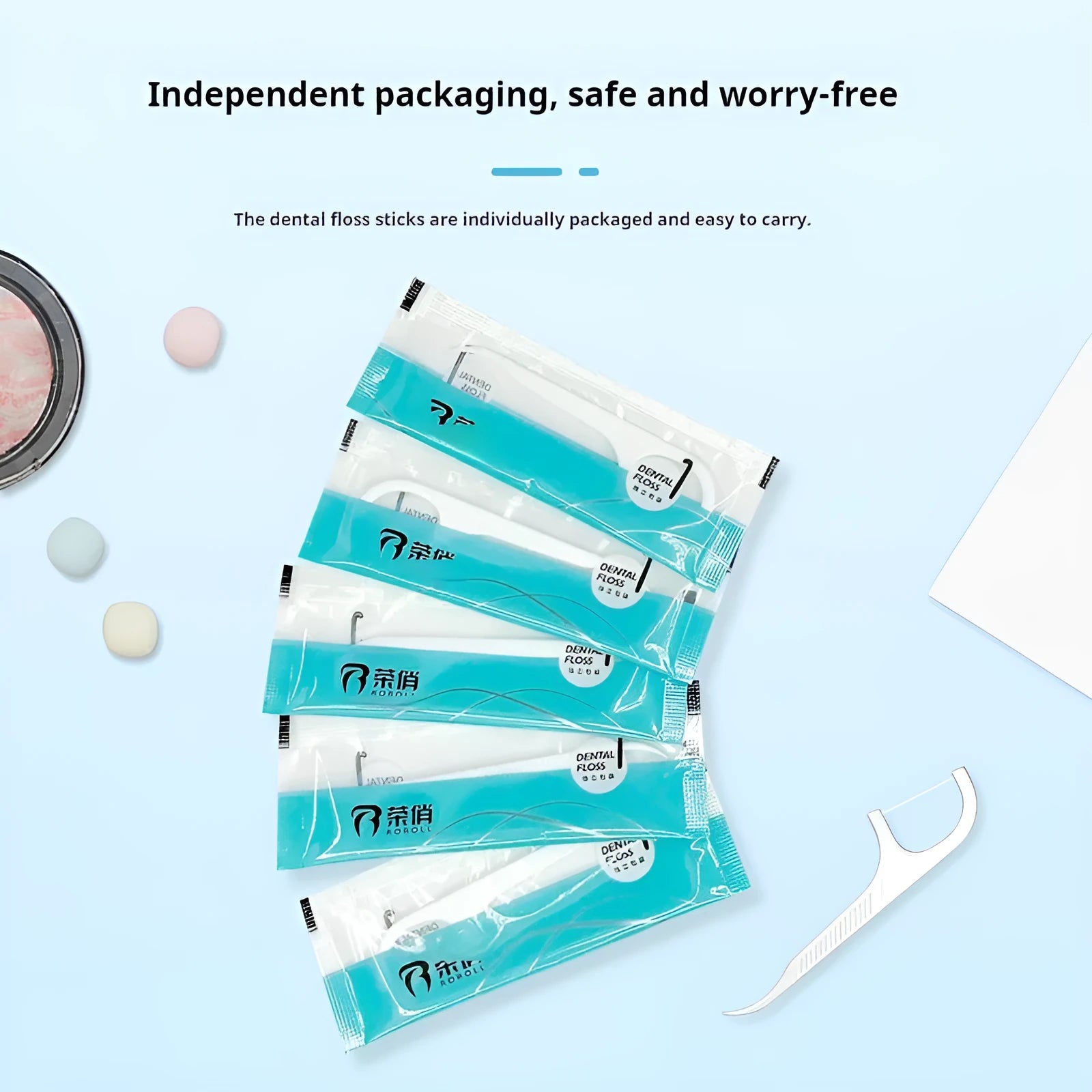 Plastic bag containing 100 independently packaged disposable dental floss strands
