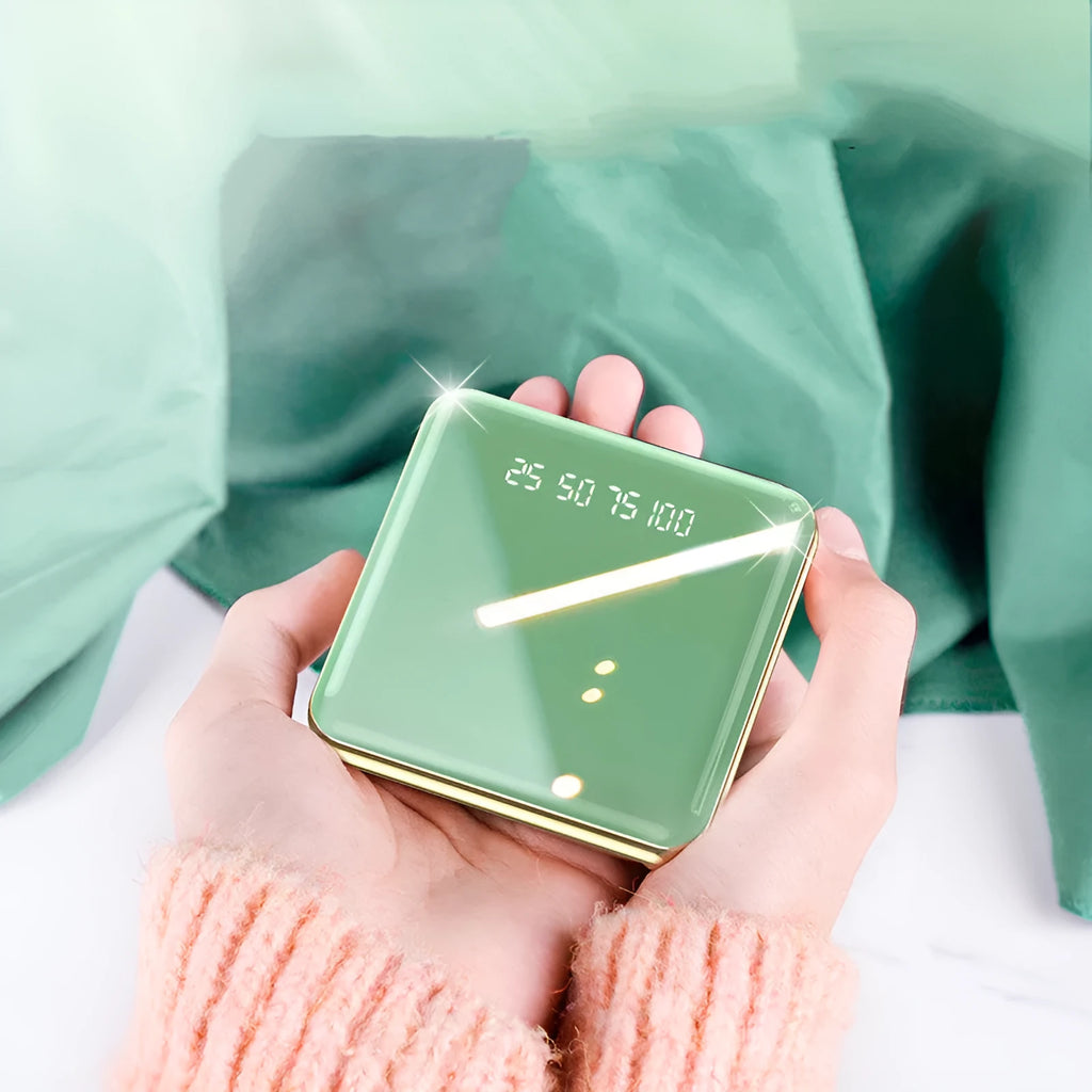Compact square 20000mAh power bank with multi-U port in blue, green, grey, or red colours