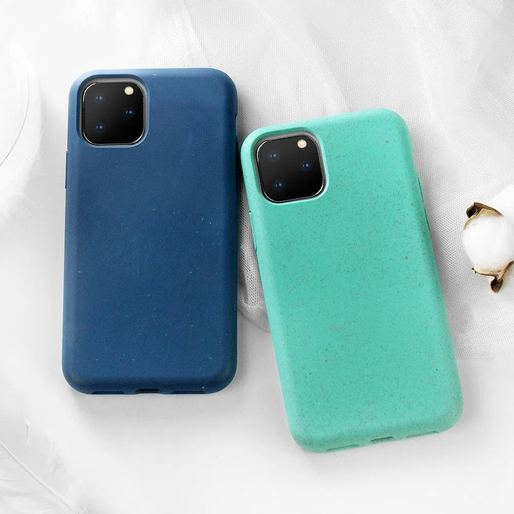 Thick frosted iPhone case with wheat straw and TPU, available in seven colours for various iPhone models.