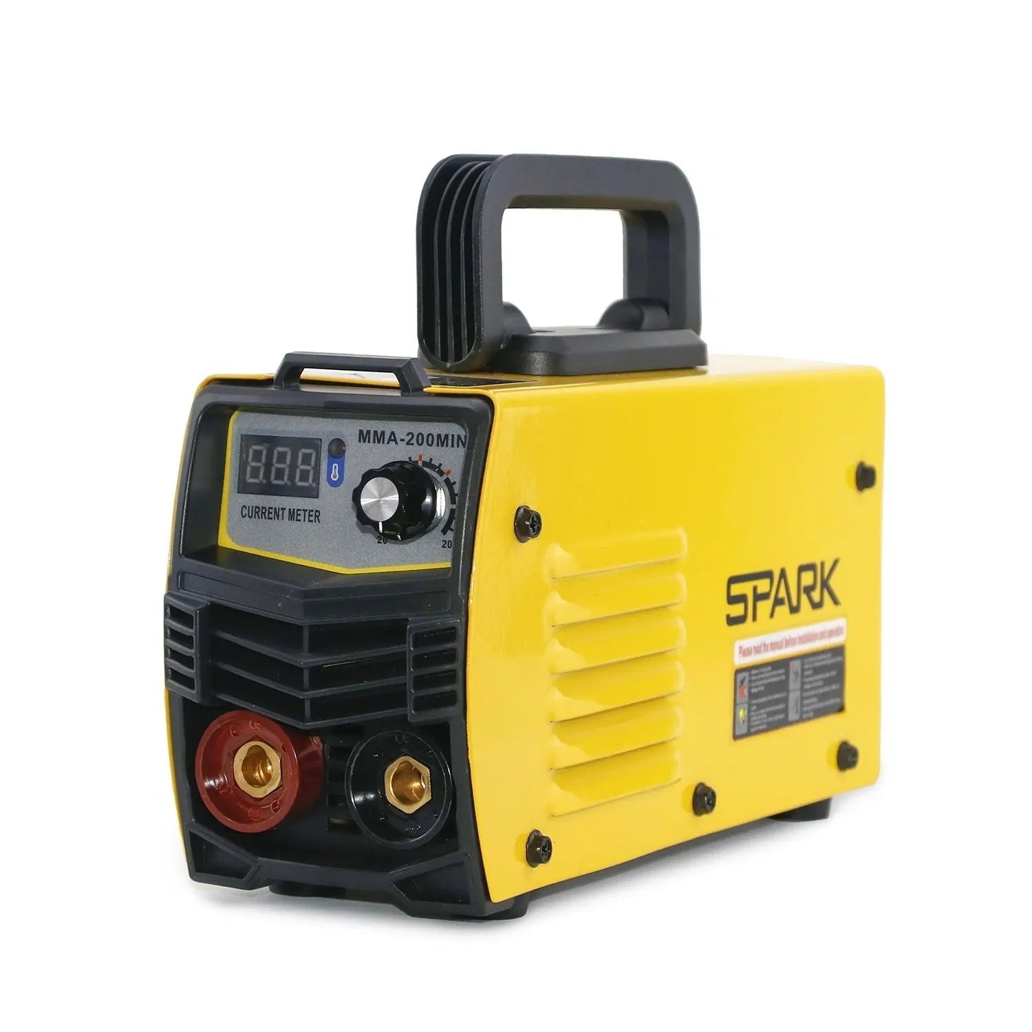 MMA-200MIN compact blue and black inverter welding machine with attached cables, face shield, and brush on a workbench.