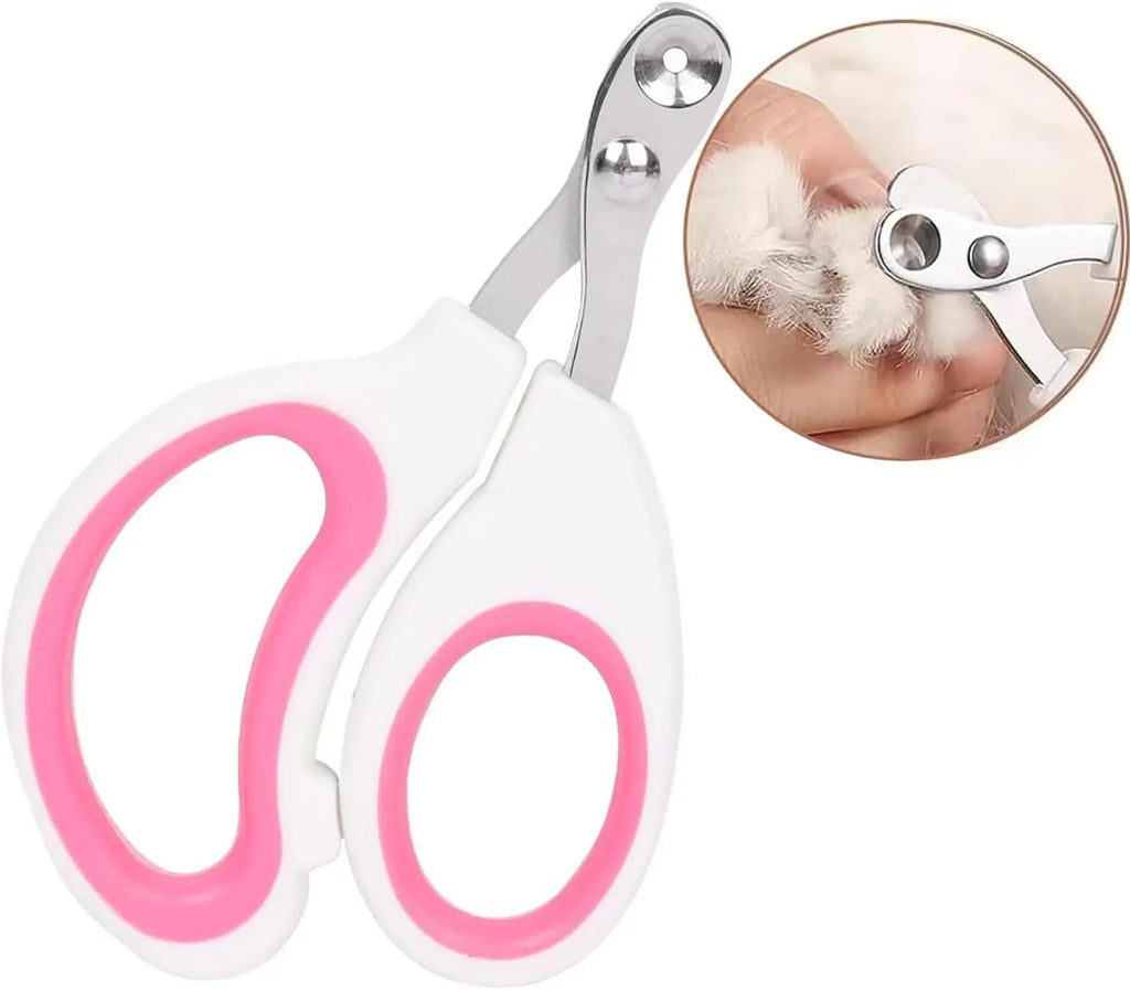 Blue pet nail clippers with a circular safety hole and non-slip handle on a white background.