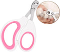 Blue pet nail clippers with a circular safety hole and non-slip handle on a white background.