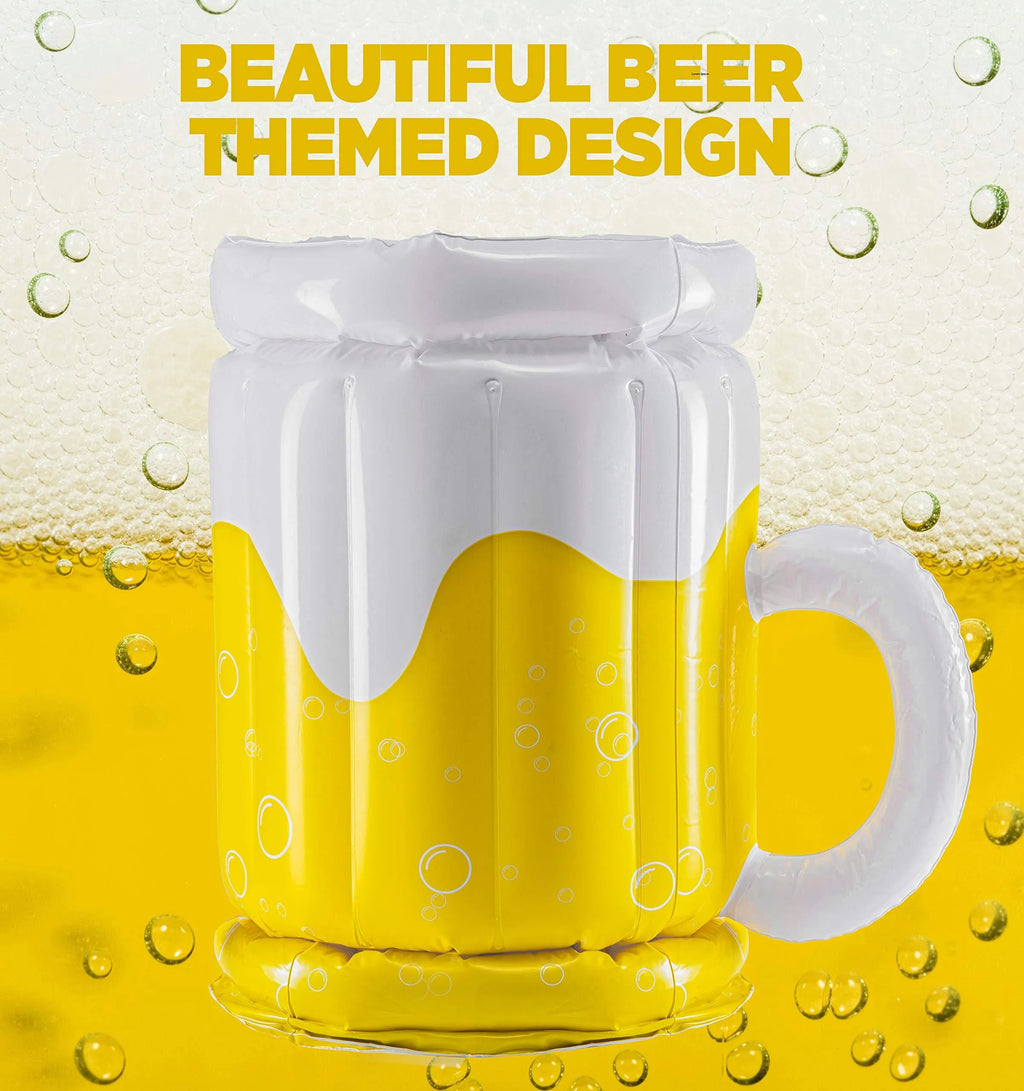 Large yellow inflatable beer mug cooler pool float with drink holders