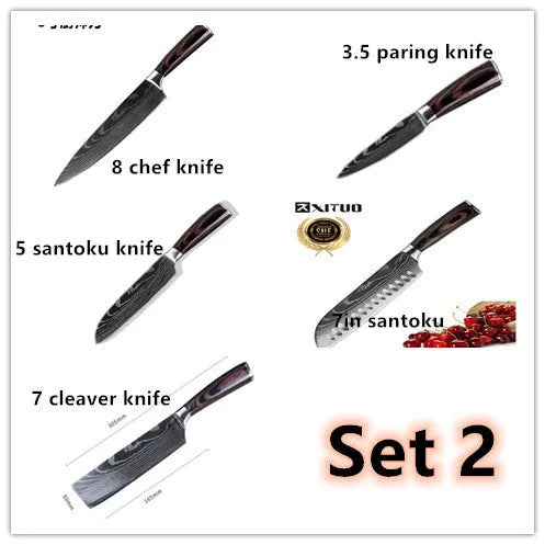Carpenter's Special kitchen knife with laser Damascus pattern blade and coloured wood handle