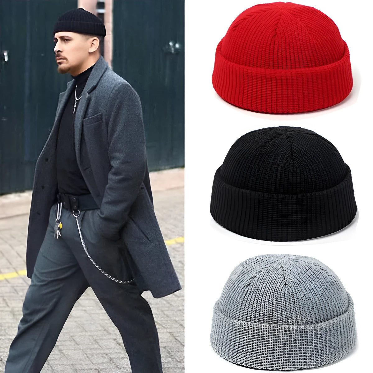 Knitted wool hat in black, claret red, grey, pink, red, white and yellow