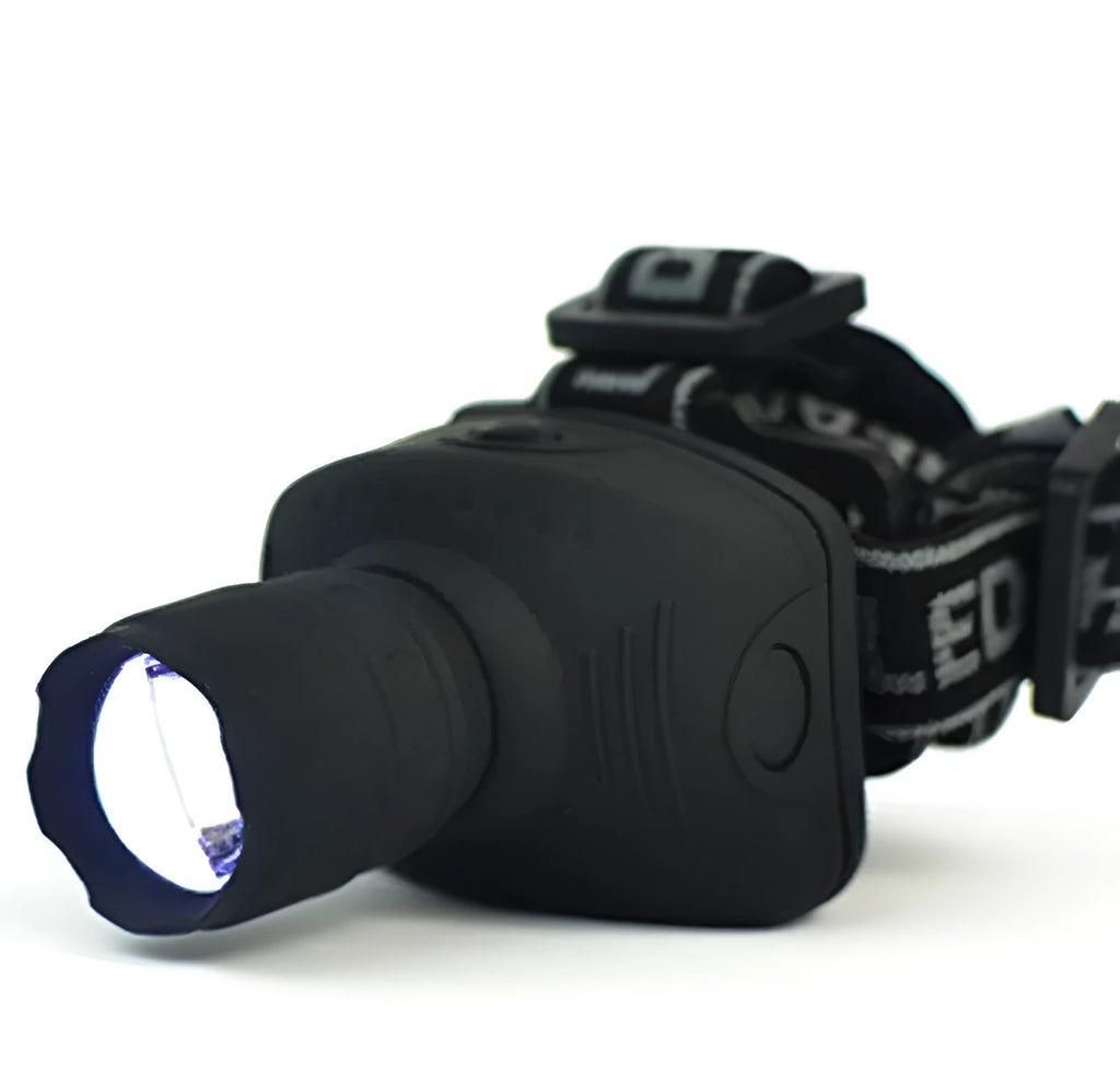 Outdoor 3W LED strong head light in black with adjustable telescopic lens and braided headband