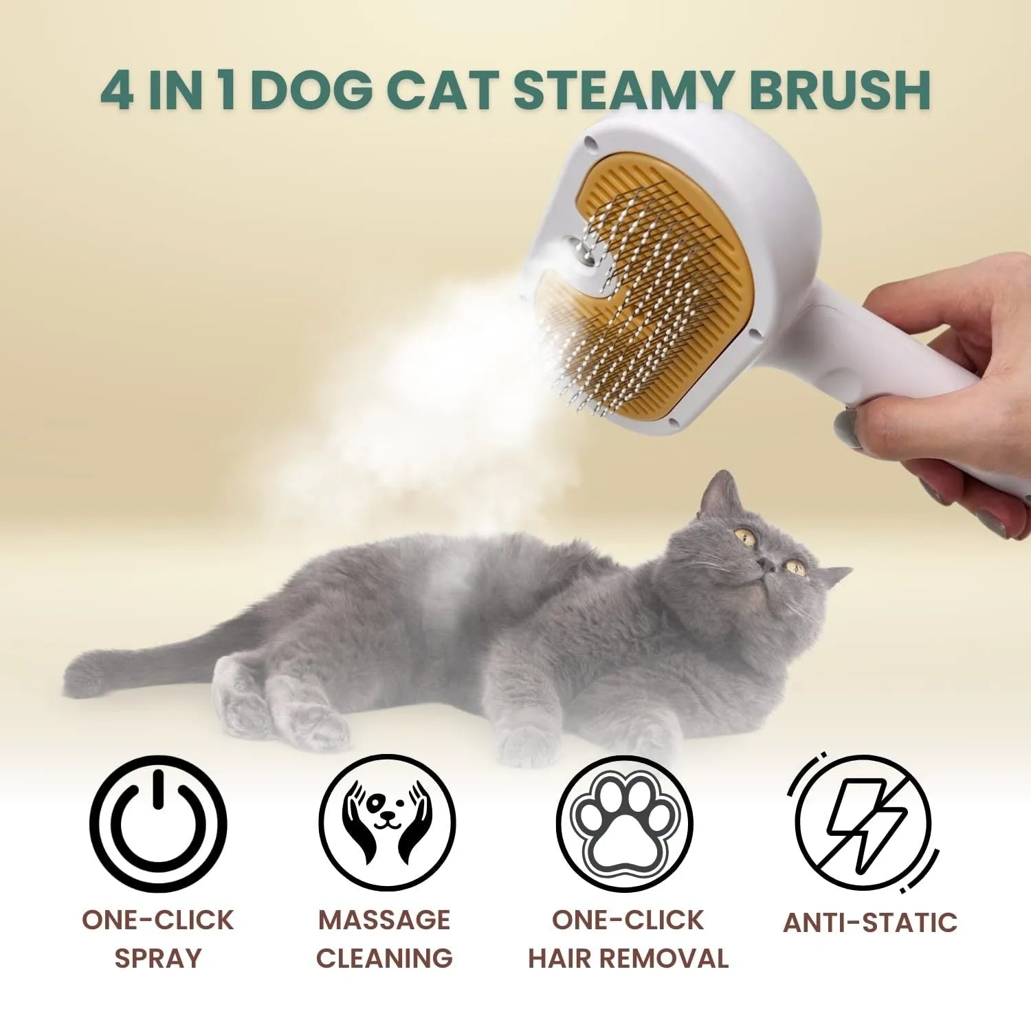 White pet grooming brush with steam spray function and self-cleaning feature for dogs and cats