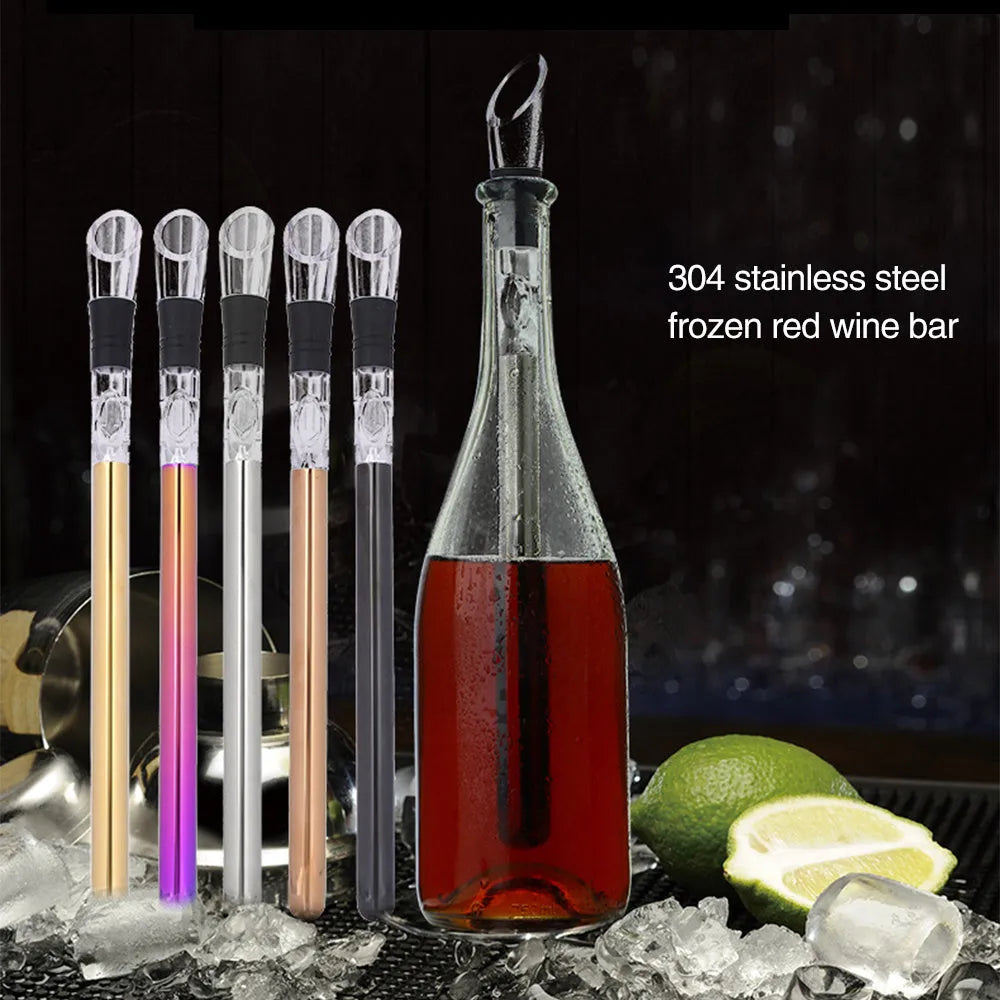 Stainless steel wine chilling rod with integrated drip-free pourer and aerator, shown in silver finish