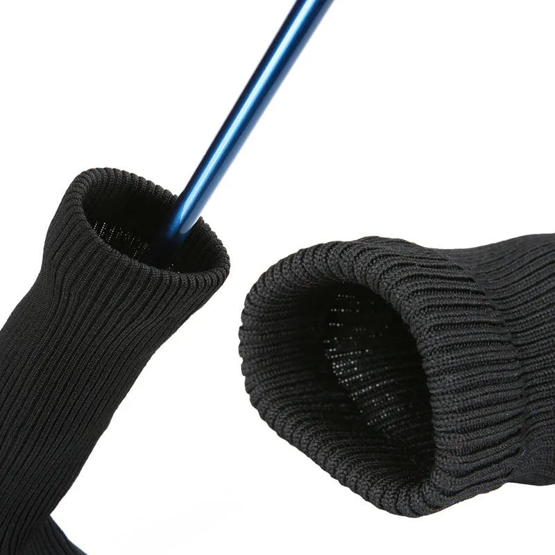 Set of six fabric golf club covers in blue black red and white colour combinations