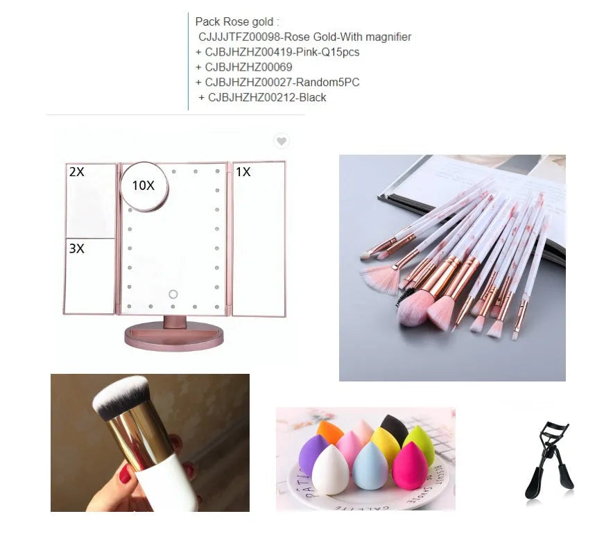 Makeup mirror and brush powder puff suit with magnifier, pink 15-piece brush set, sponge set, random brush pack and black tool