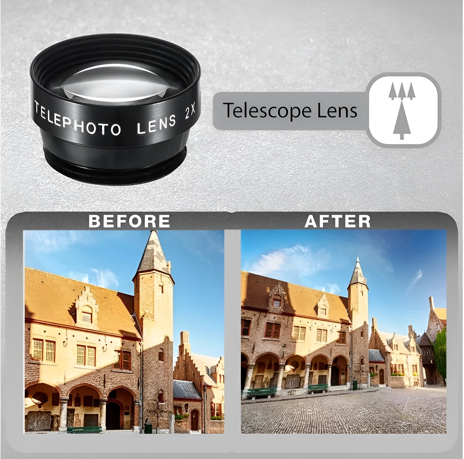 Black universal 5-in-1 smartphone lens kit showing wide-angle, macro, fisheye, telephoto and CPL lenses with clip and storage bag.