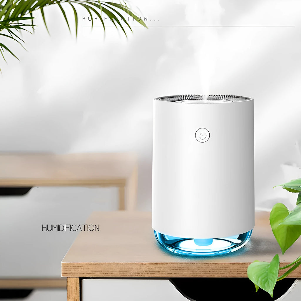 White, pink, or green night light humidifier and essential oil diffuser unit on a bedside table