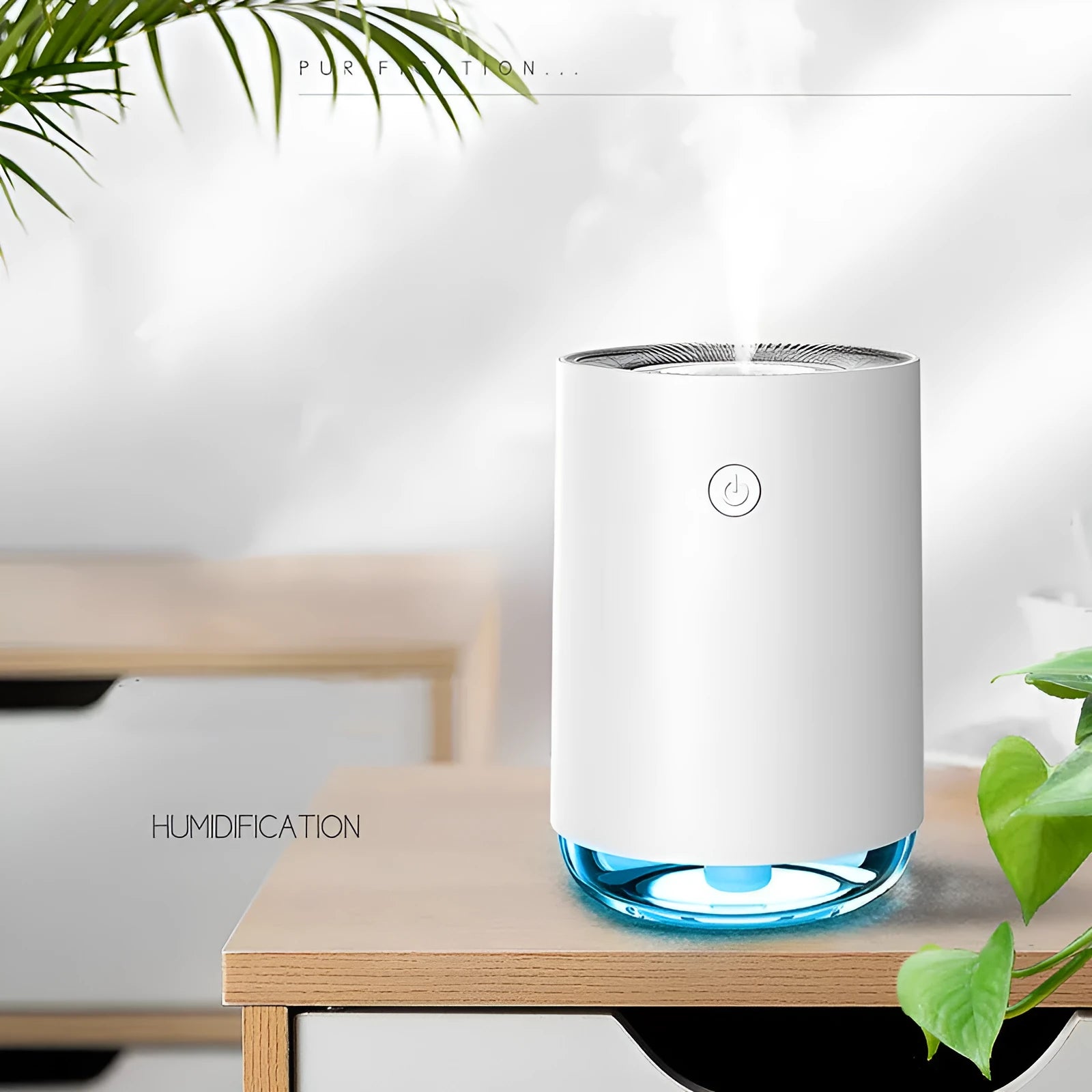 White, pink, or green night light humidifier and essential oil diffuser unit on a bedside table