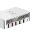 White six-port desktop USB charging station with 5 USB-A and 1 USB-C ports showing QC3.0 fast charge label